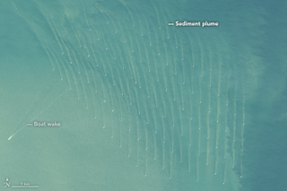 Sediment plumes and a boat wake at the Thanet wind farm in the North Atlantic.